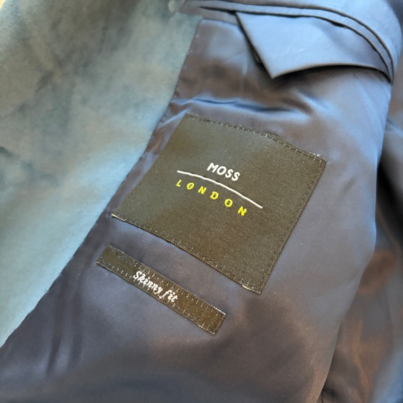 Moss London Velvet Blazer Mens S/M Blue Single Breasted Party Formal Holiday - Picture 5 of 11